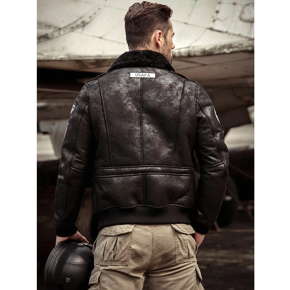Chaqueta Bomber de Piel de Oveja de Ante y Cuero Negro B-3 RAF para Hombre - El Aviador Sigiloso | Full Grain Apparel