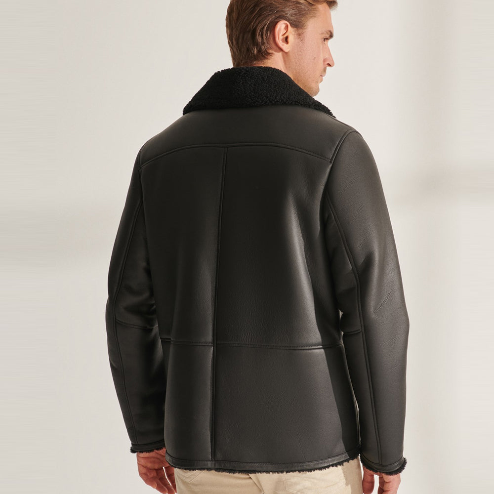 Abrigo largo de aviador de cuero y piel de oveja negra de Flying Sheepskin para hombre | Ropa de grano completo
