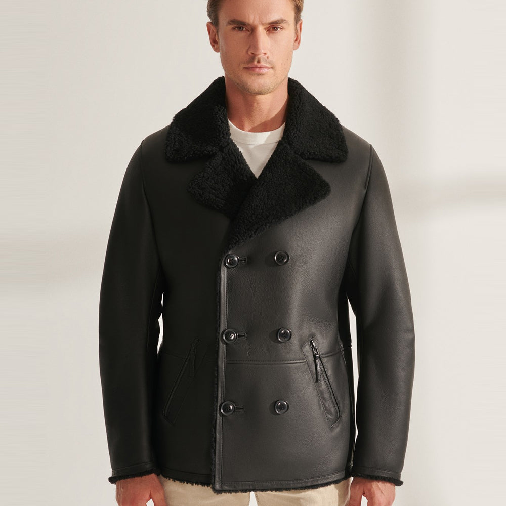 Men’s Black Flying Sheepskin Shearling Long Aviator Leather Coat | Full Grain Apparel