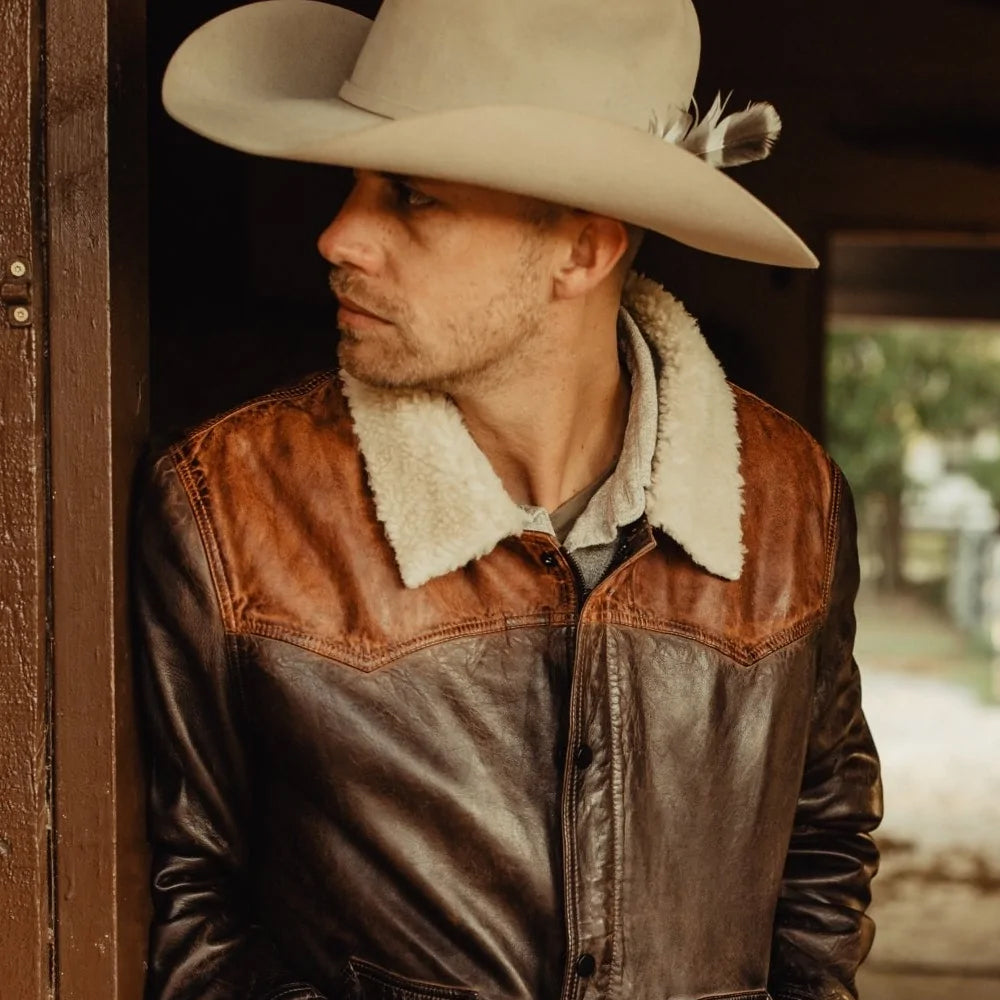 Men’s "Outlaw Frontier" Double-Tone Brown Western Jacket | Premium Sheepskin with Plush Sherpa Lining | Full Grain Apparel