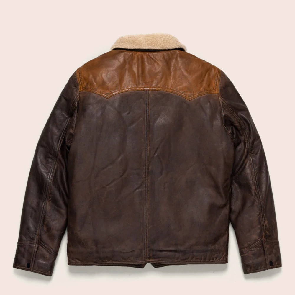 Men’s "Outlaw Frontier" Double-Tone Brown Western Jacket | Premium Sheepskin with Plush Sherpa Lining | Full Grain Apparel