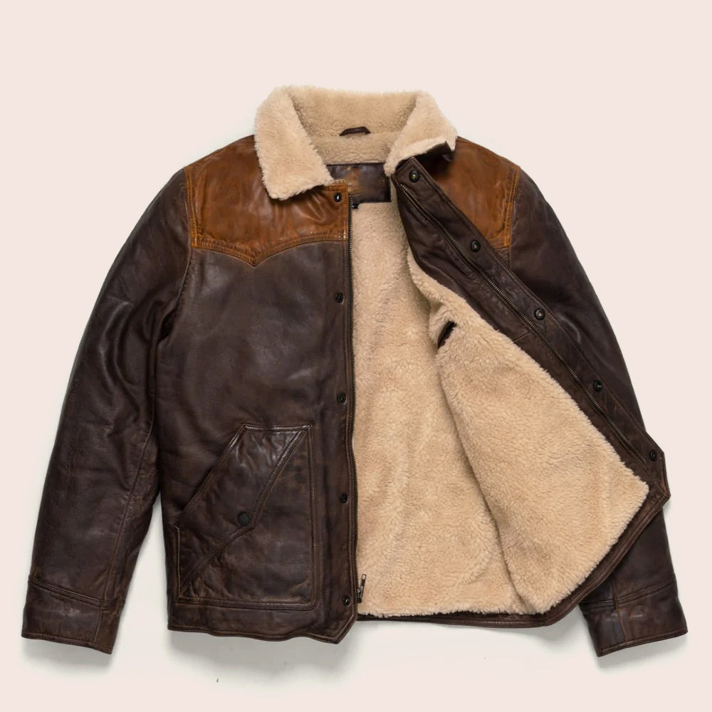 Men’s "Outlaw Frontier" Double-Tone Brown Western Jacket | Premium Sheepskin with Plush Sherpa Lining | Full Grain Apparel