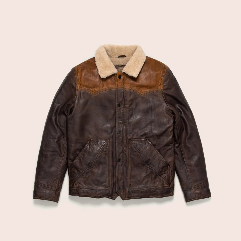 Men’s "Outlaw Frontier" Double-Tone Brown Western Jacket | Premium Sheepskin with Plush Sherpa Lining | Full Grain Apparel