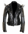 Men’s Silver Studded Long Spiked Black Leather Rock Punk Jacket | Full Grain Apparel