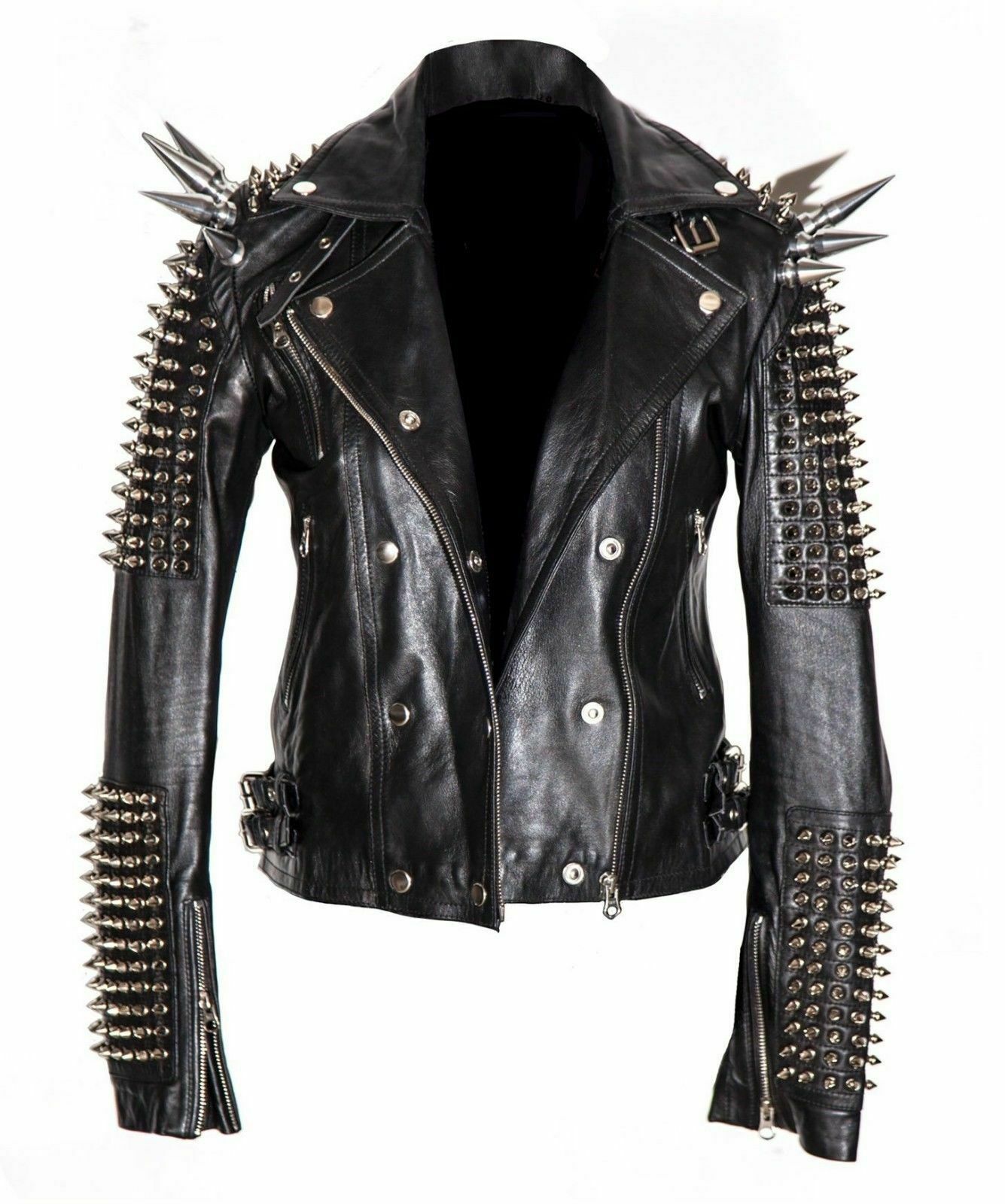 Men’s Silver Studded Long Spiked Black Leather Rock Punk Jacket | Full Grain Apparel