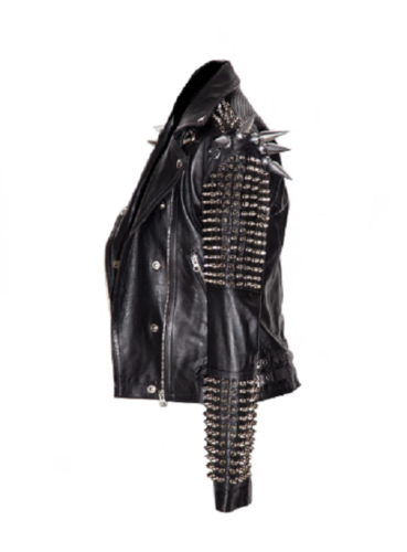 Chaqueta de cuero punk rock negra para hombre con pinchos y tachuelas plateadas | Prenda de grano completo