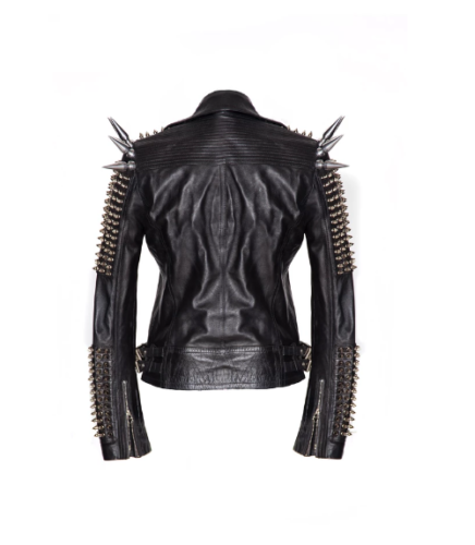 Chaqueta de cuero punk rock negra para hombre con pinchos y tachuelas plateadas | Prenda de grano completo
