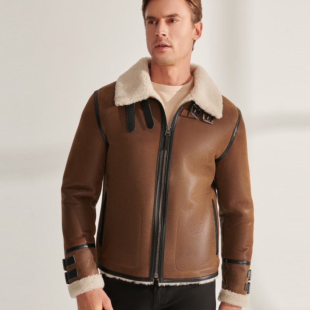 Men’s Tan Brown B3 RAF Pilot Shearling Leather Aviator Jacket | Full Grain Apparel