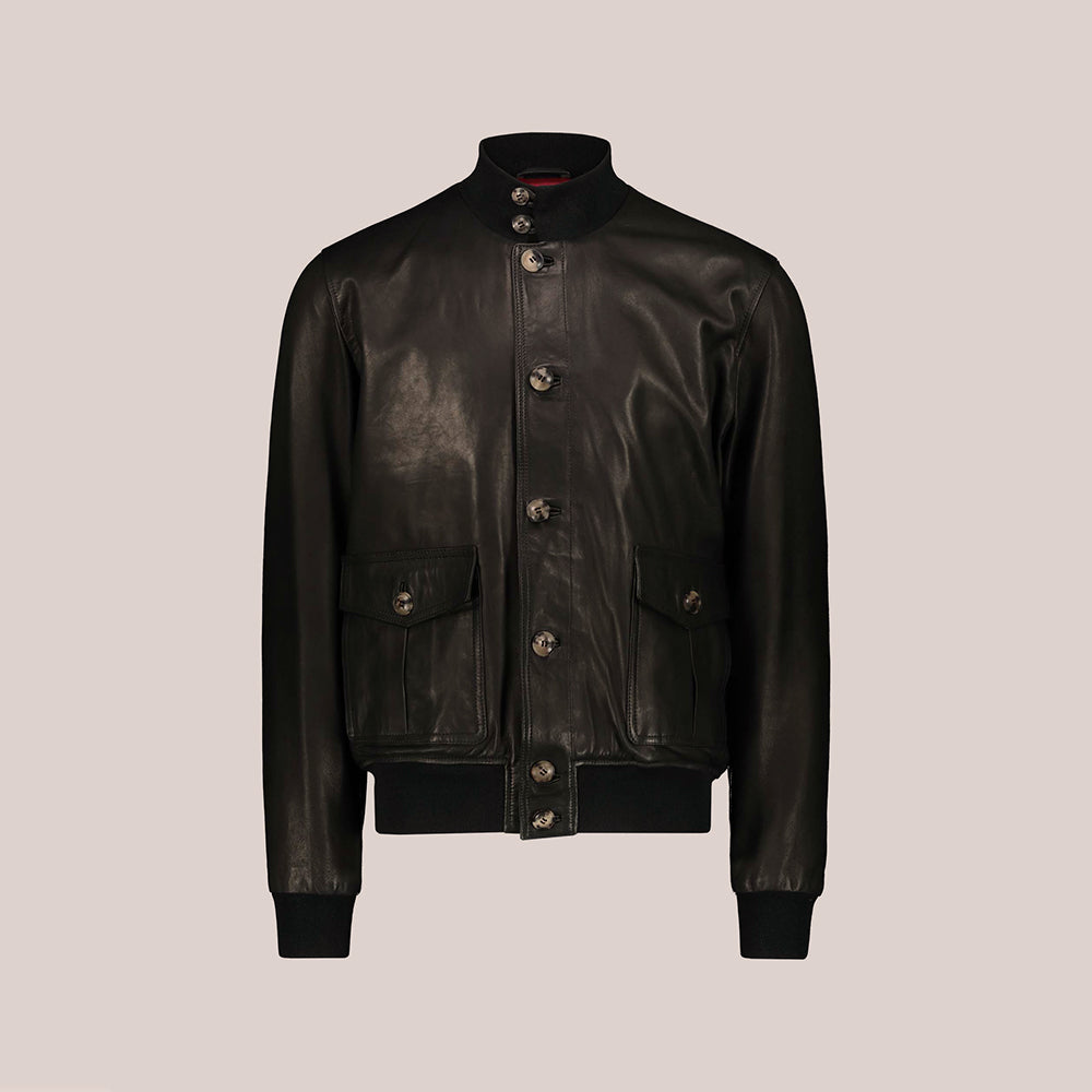 Men’s "Midnight Ace" A-1 Flight Jacket | Vintage Black Premium Lambskin Bomber | Full Grain Apparel