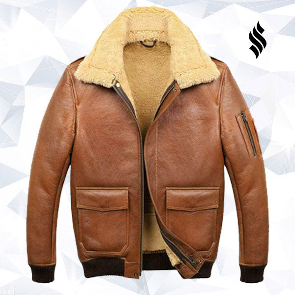 The "Desert Ace" A-2 Bomber | Camel Brown Leather & Plush Shearling | Full Grain Apparel