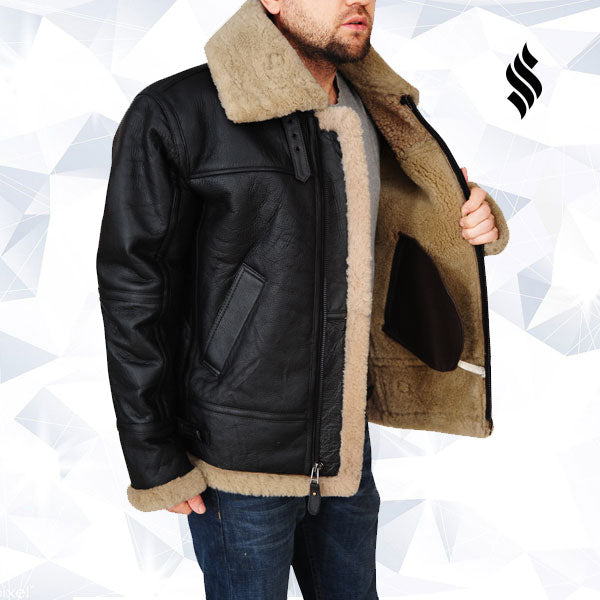 Men’s Black B3 Bomber Sheepskin Jacket | Stealth Aviator Style | Full Grain Apparel