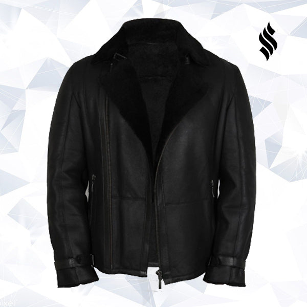 Men’s Luxury Double Aviator Flying Jacket | Black Real Shearling Sheepskin | Full Grain Apparel