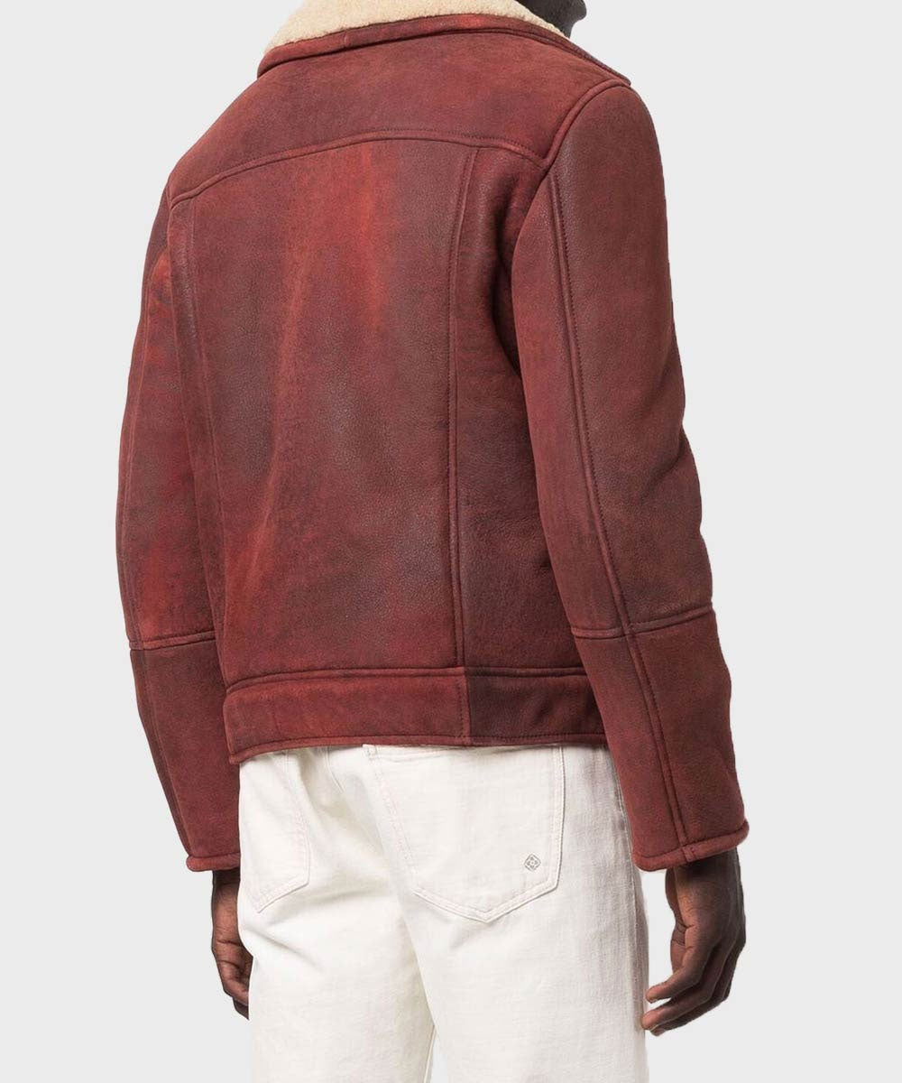 Aviador para hombre "Imperial-B3" | Piel de primera calidad color burdeos intenso | Chaqueta de invierno auténtica forrada de borrego color crema | Prenda de cuero de plena flor