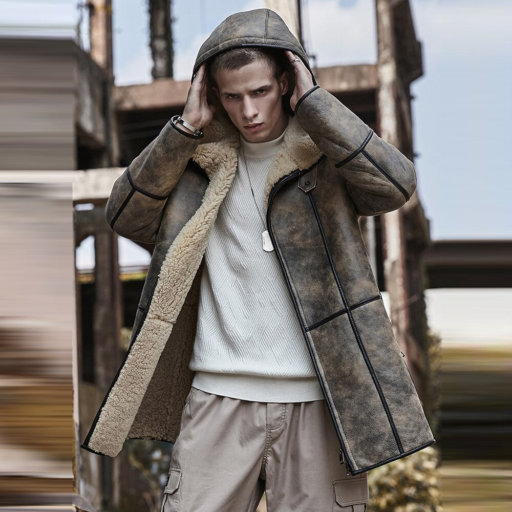 Men’s B7 "Arctic Explorer" Hooded RAF Aviator Coat | Genuine Sheepskin Flying Fur Shearling Jacket | Full Grain Apparel