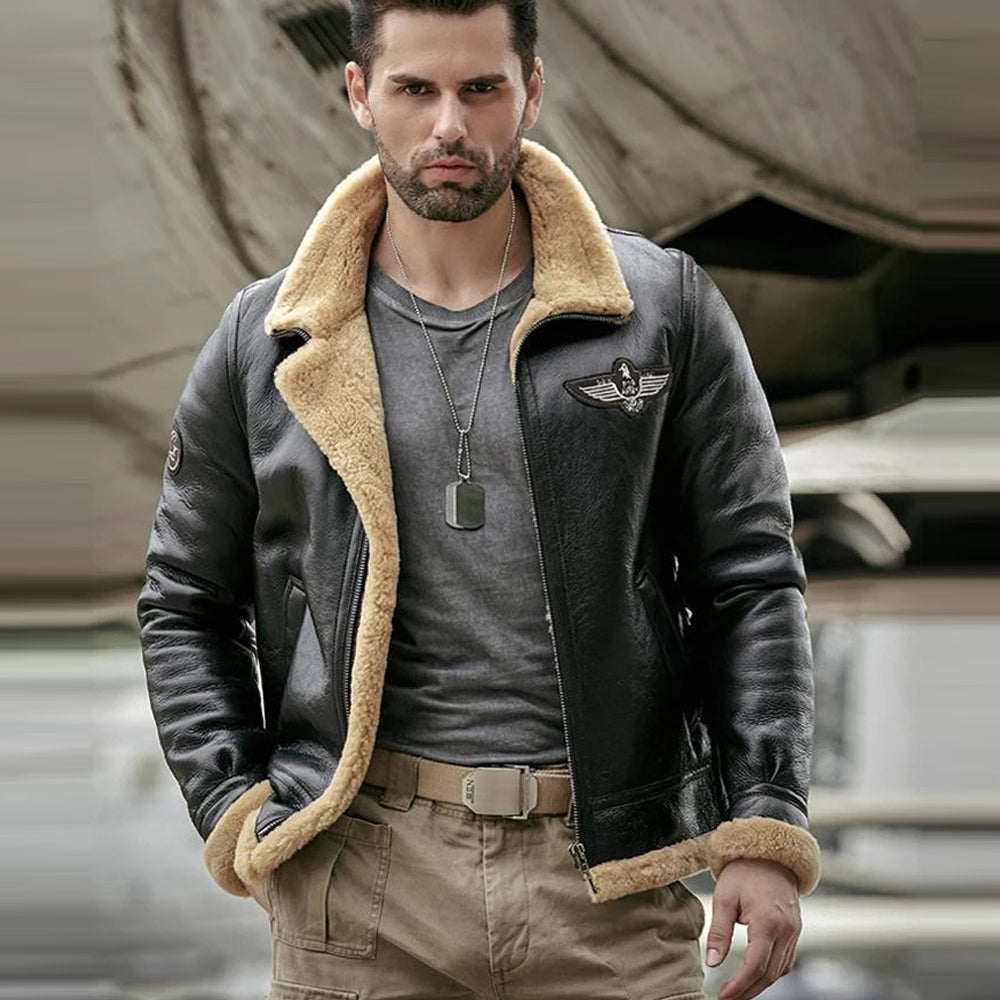 Men’s Black RAF Aviator Airforce Sheepskin Shearling Jacket - The Midnight Flight Edition | Full Grain Apparel