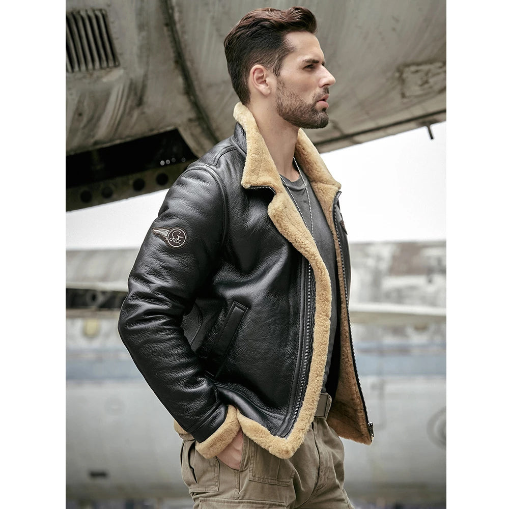 Men’s Black RAF Aviator Airforce Sheepskin Shearling Jacket - The Midnight Flight Edition | Full Grain Apparel