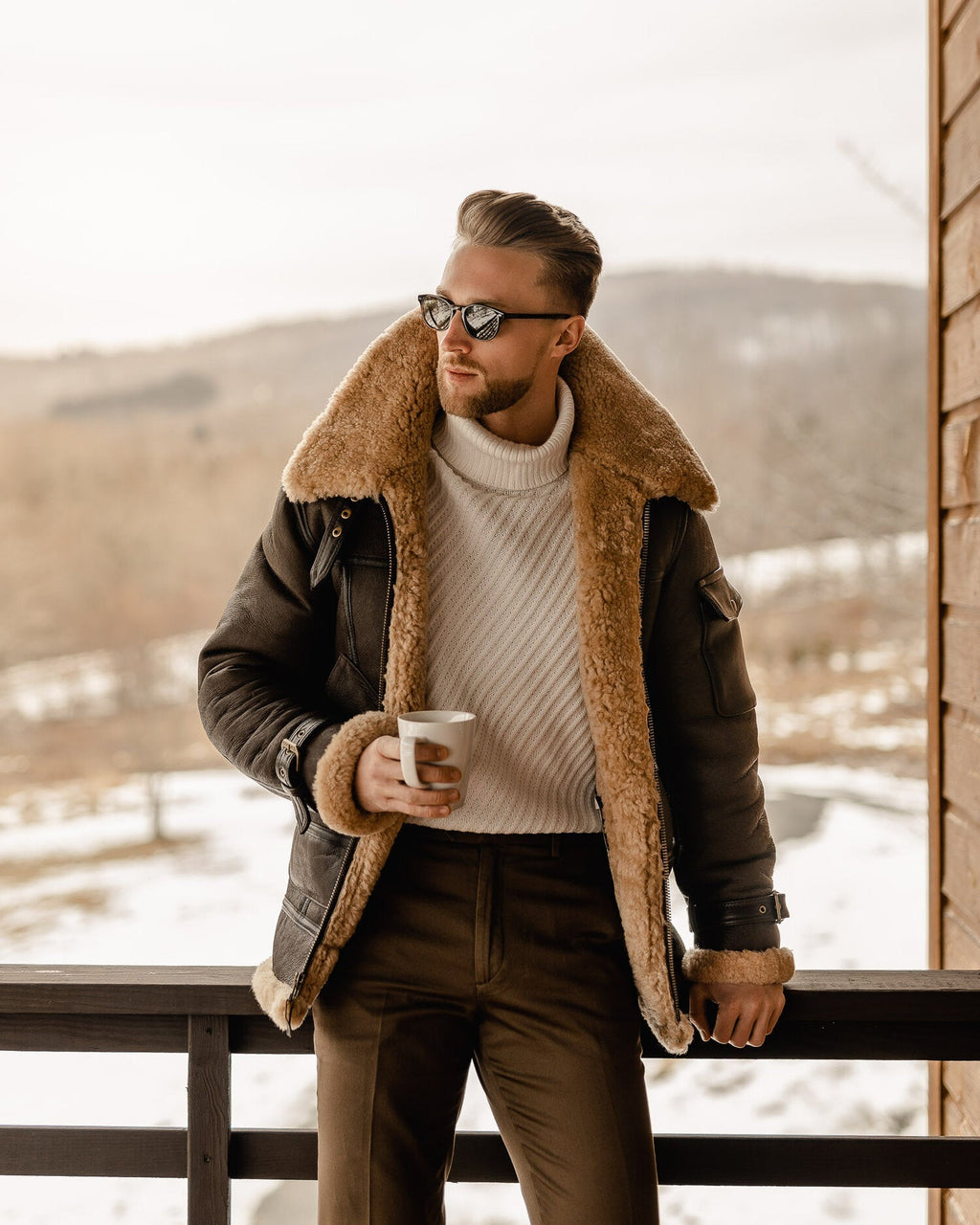 Men’s Brown B3 Flying Aviator | Long Shearling Leather Coat | Full Grain Apparel