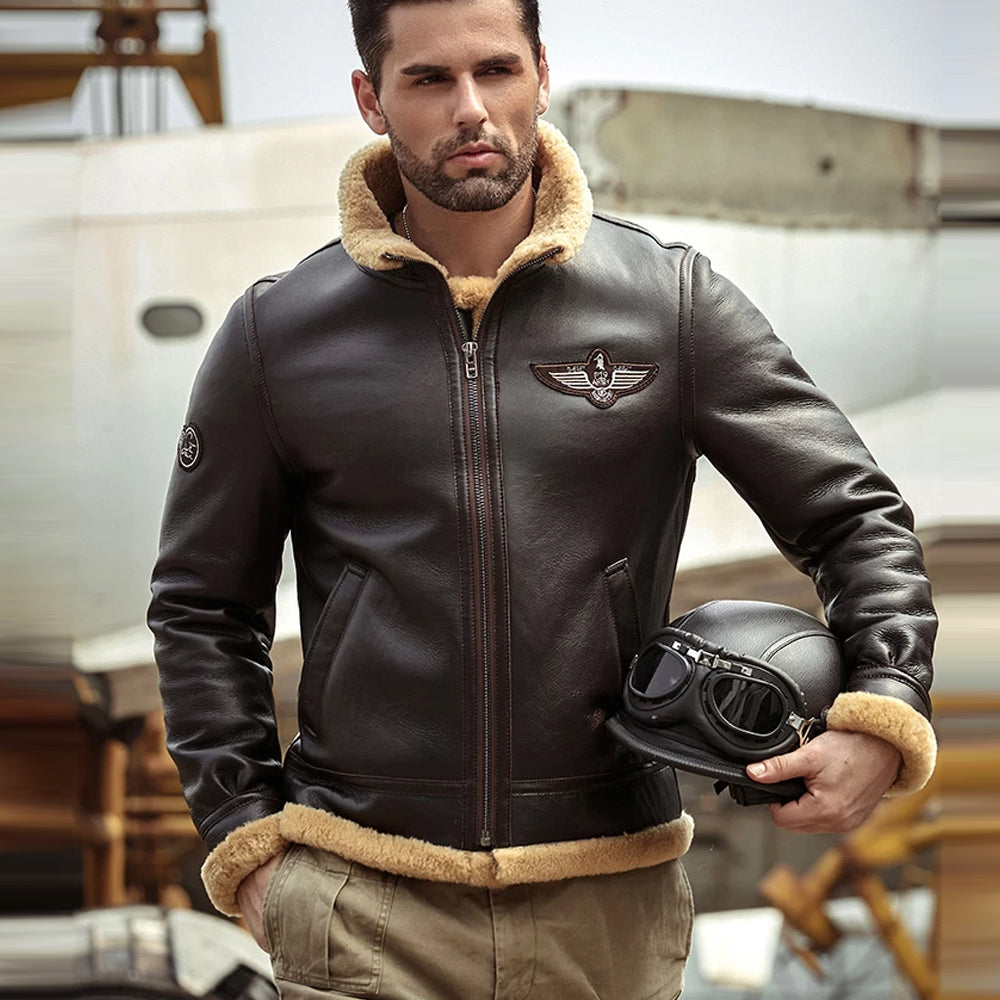 Men’s Brown RAF Aviator Airforce Sheepskin Shearling Jacket - The Commander’s Classic | Full Grain Apparel