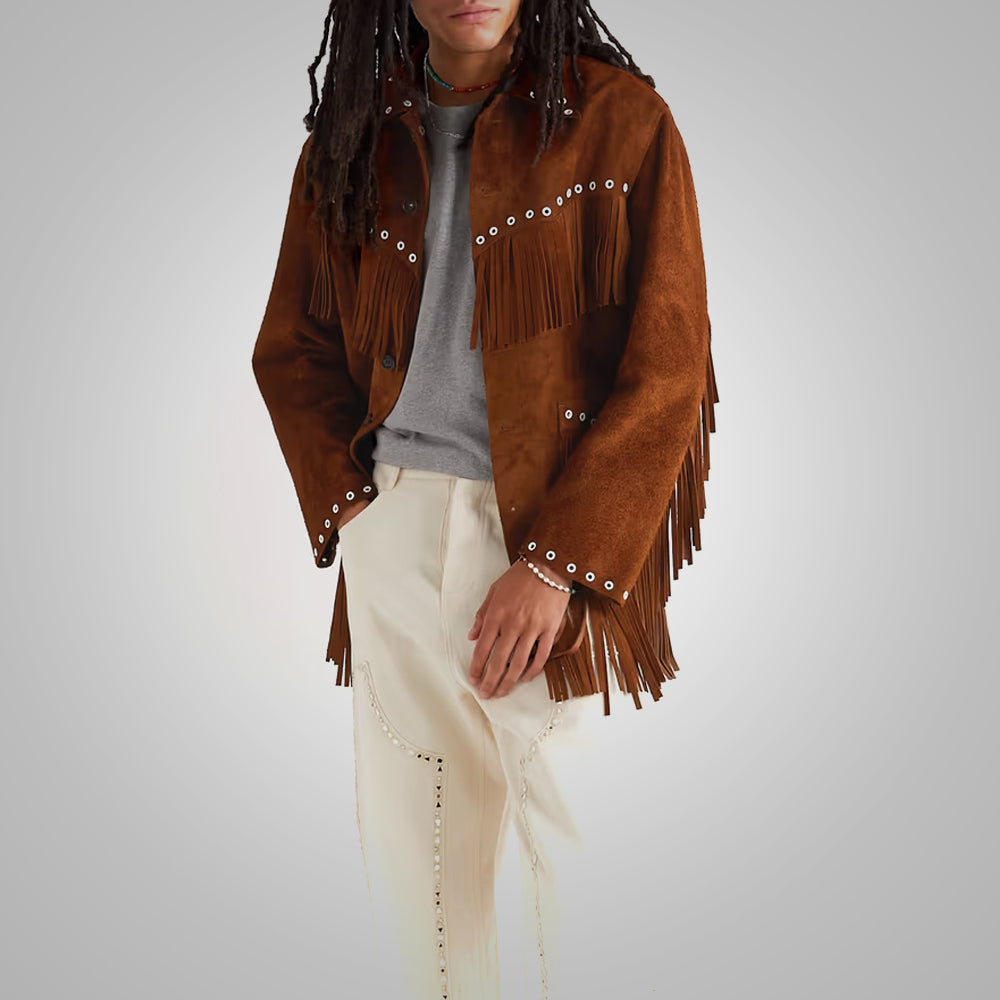 Men’s "Dakota Heritage" Fringe Jacket | Premium Chocolate Brown Suede | Genuine Leather Cowboy Western Jacket | Full Grain Apparel