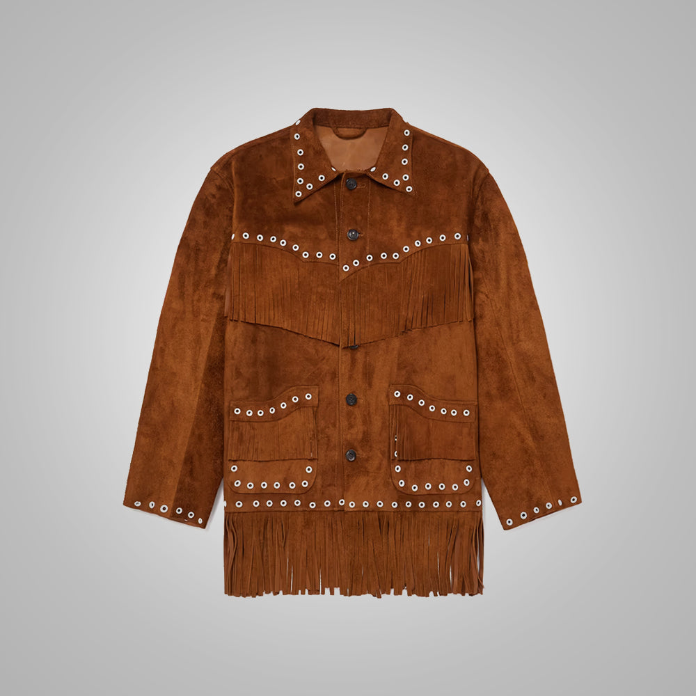 Men’s "Dakota Heritage" Fringe Jacket | Premium Chocolate Brown Suede | Genuine Leather Cowboy Western Jacket | Full Grain Apparel
