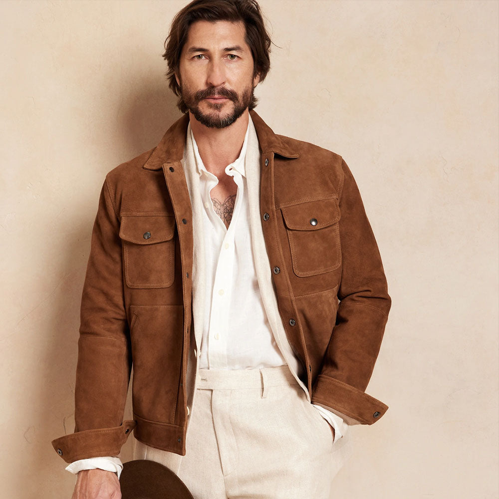 Chaqueta Western para Hombre "Outlaw Frontier" | Gamuza Marrón Tabaco Premium | Chaqueta Vaquera de Cuero Genuino con Flecos y Borlas | Prenda de Piel de Grano Completo