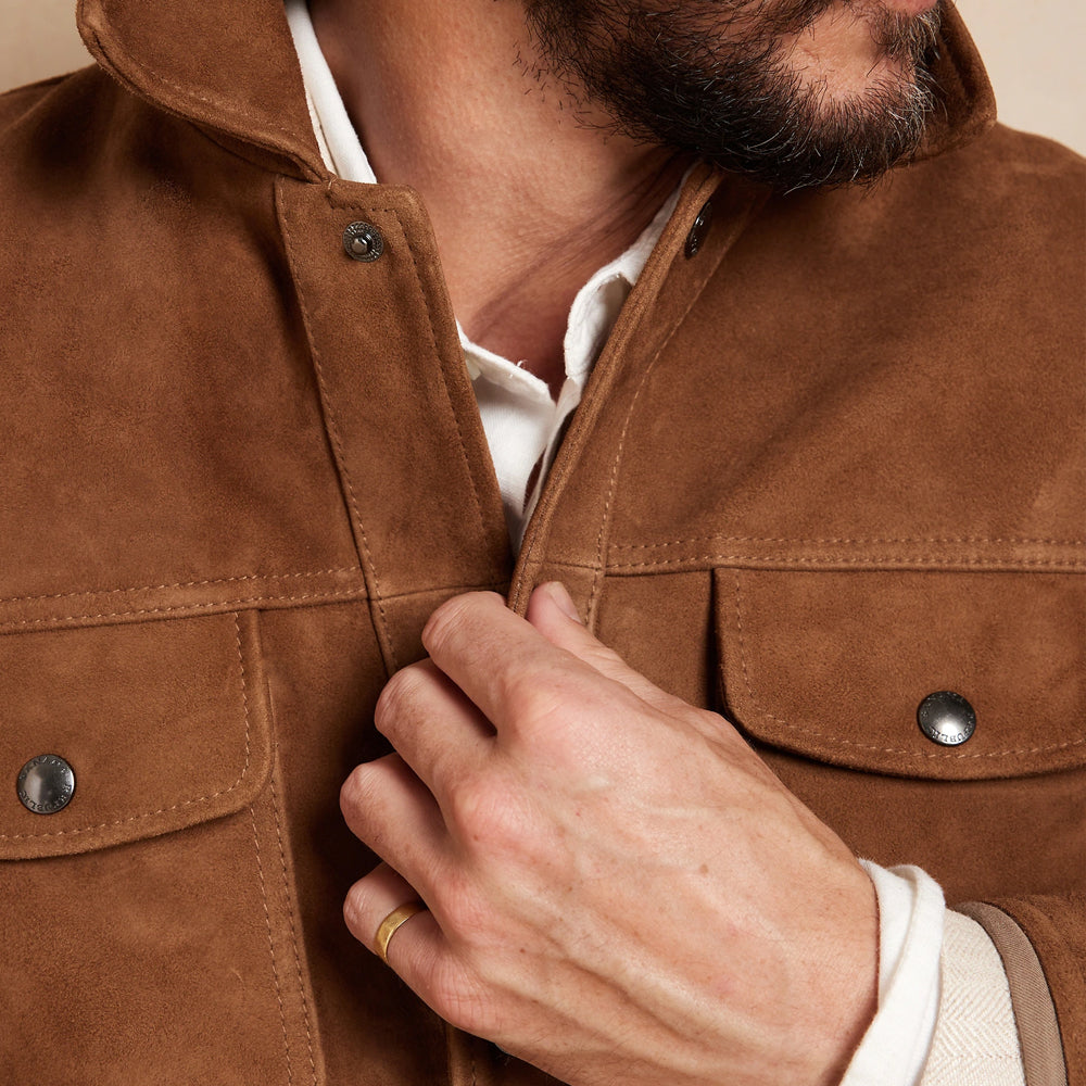 Chaqueta Western para Hombre "Outlaw Frontier" | Gamuza Marrón Tabaco Premium | Chaqueta Vaquera de Cuero Genuino con Flecos y Borlas | Prenda de Piel de Grano Completo