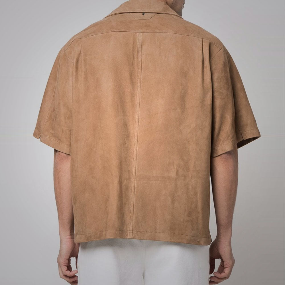 Camisa de ante "Sahara Sands" para hombre | Ante de piel de cabra marrón de primera calidad | Top de moda de manga media de cuero auténtico | Prenda de plena flor