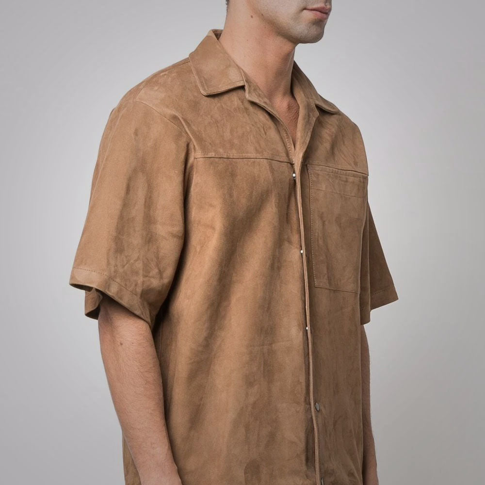Camisa de ante "Sahara Sands" para hombre | Ante de piel de cabra marrón de primera calidad | Top de moda de manga media de cuero auténtico | Prenda de plena flor