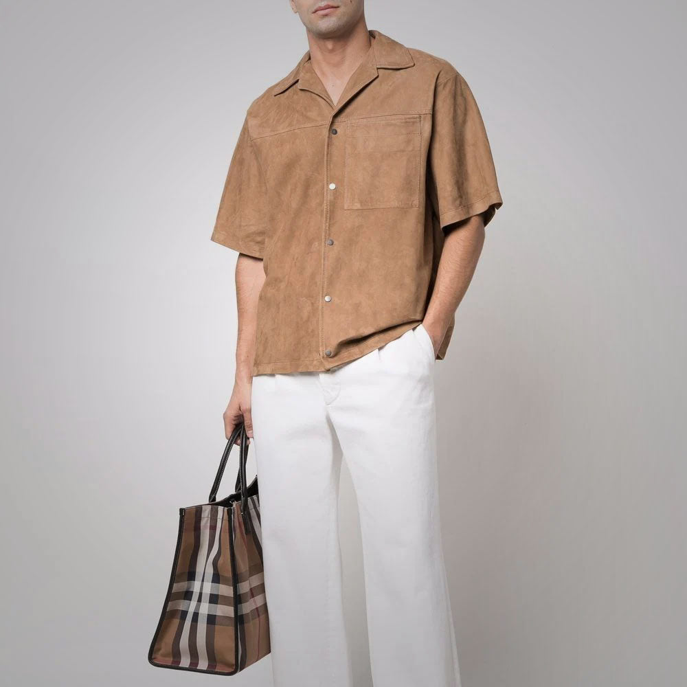 Camisa de ante "Sahara Sands" para hombre | Ante de piel de cabra marrón de primera calidad | Top de moda de manga media de cuero auténtico | Prenda de plena flor