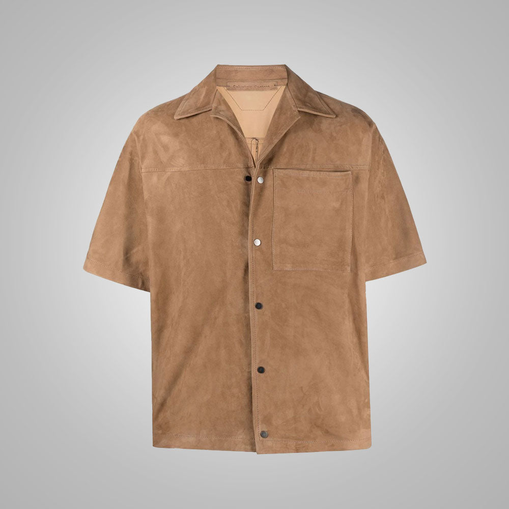 Men’s "Sahara Sands" Suede Shirt | Premium Brown Goatskin Suede | Genuine Leather Half-Sleeve Fashion Top | Full Grain Apparel