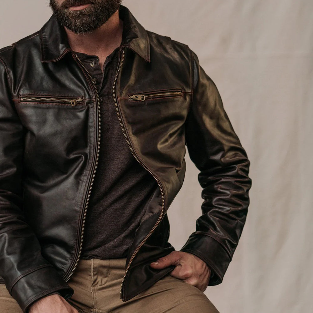 Cazadora de aviador clásica marrón "Vertical Heritage" para hombre | Piel de oveja auténtica | Prenda de cuero de plena flor