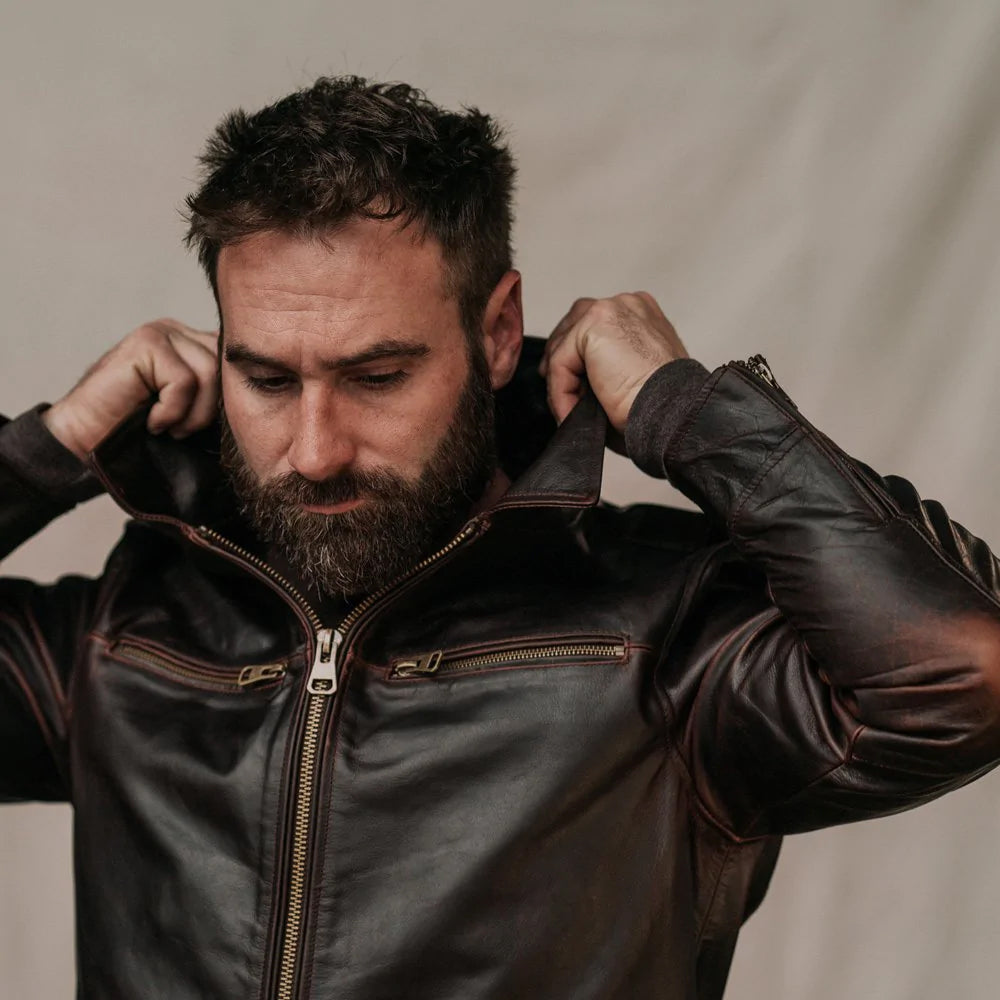 Cazadora de aviador clásica marrón "Vertical Heritage" para hombre | Piel de oveja auténtica | Prenda de cuero de plena flor