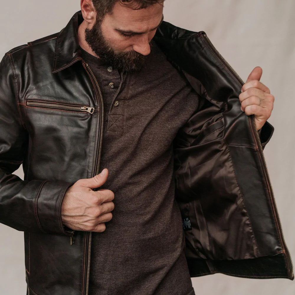 Cazadora de aviador clásica marrón "Vertical Heritage" para hombre | Piel de oveja auténtica | Prenda de cuero de plena flor