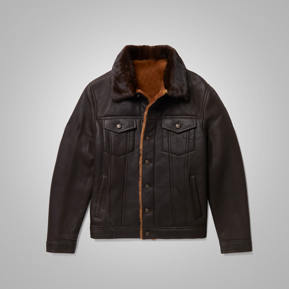 Men’s "Midnight-Raider" Flying Trucker | Dark Brown Premium Sheepskin | Minimalist Shearling-Lined Aviator | Full Grain Apparel