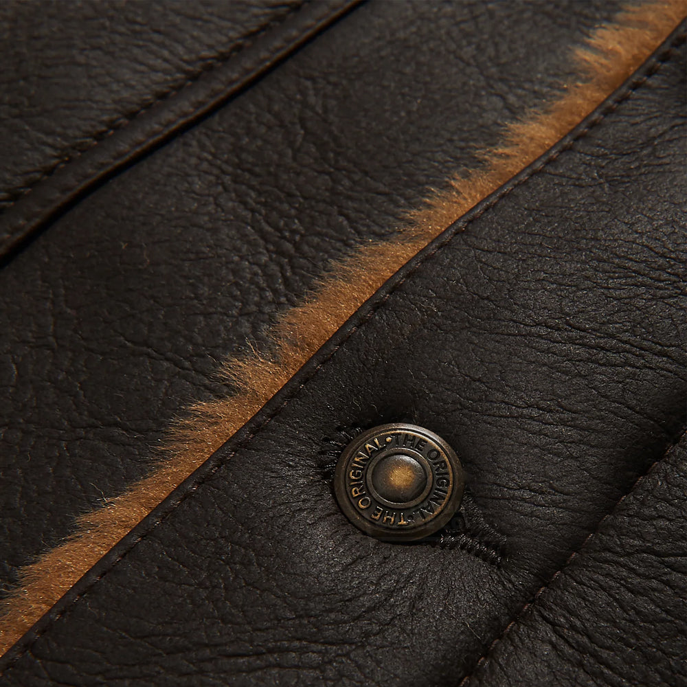 Camionero volador "Midnight-Raider" para hombre | Piel de oveja premium marrón oscuro | Aviador minimalista forrado de borrego | Prenda de grano completo