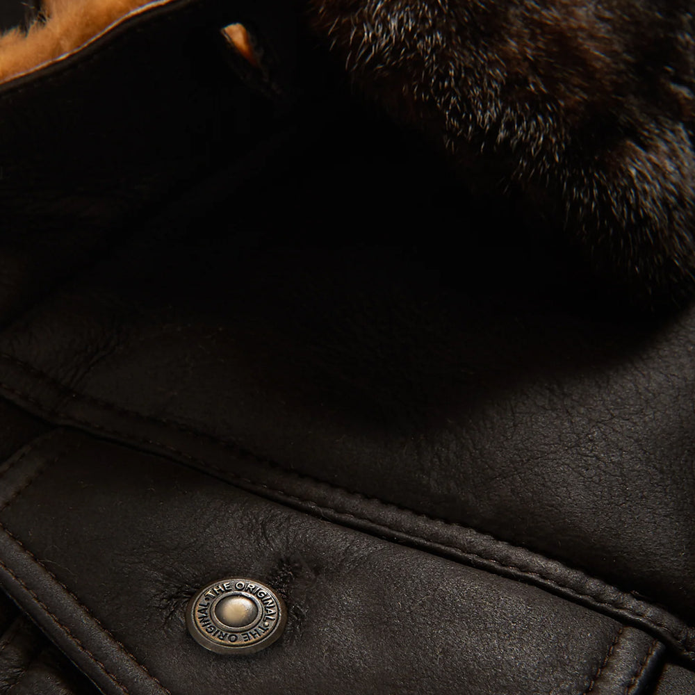 Camionero volador "Midnight-Raider" para hombre | Piel de oveja premium marrón oscuro | Aviador minimalista forrado de borrego | Prenda de grano completo