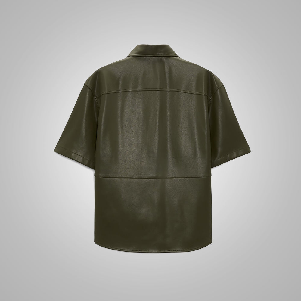 Men’s "Verdant Urban" Leather Shirt | Premium Dark Green Nappa | Contemporary Half-Sleeve Streetwear | Full Grain Apparel