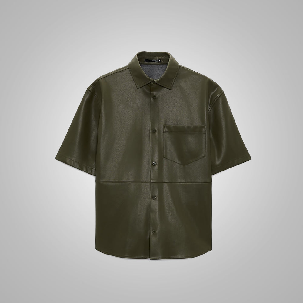 Men’s "Verdant Urban" Leather Shirt | Premium Dark Green Nappa | Contemporary Half-Sleeve Streetwear | Full Grain Apparel