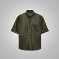 Men’s "Verdant Urban" Leather Shirt | Premium Dark Green Nappa | Contemporary Half-Sleeve Streetwear | Full Grain Apparel