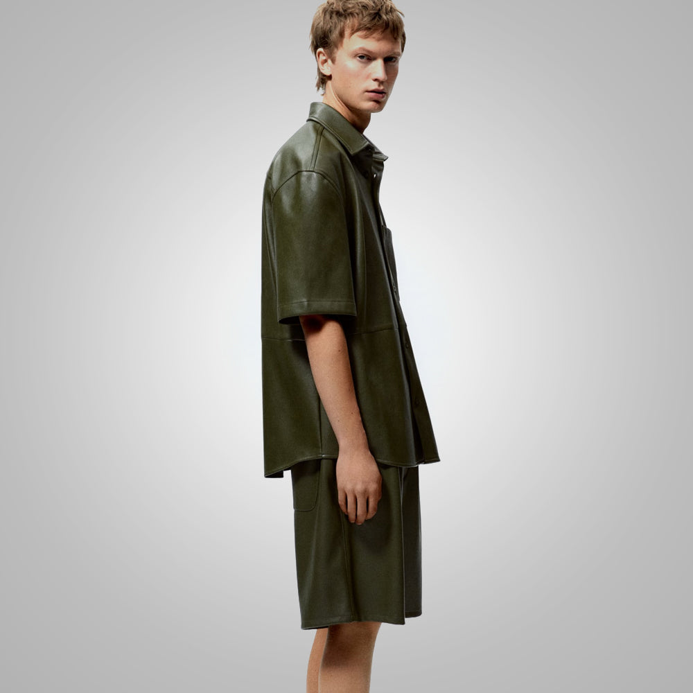 Men’s "Verdant Urban" Leather Shirt | Premium Dark Green Nappa | Contemporary Half-Sleeve Streetwear | Full Grain Apparel