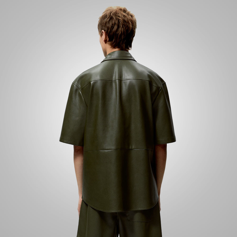 Men’s "Verdant Urban" Leather Shirt | Premium Dark Green Nappa | Contemporary Half-Sleeve Streetwear | Full Grain Apparel