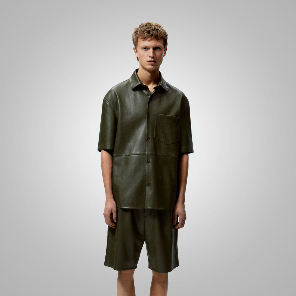 Men’s "Verdant Urban" Leather Shirt | Premium Dark Green Nappa | Contemporary Half-Sleeve Streetwear | Full Grain Apparel