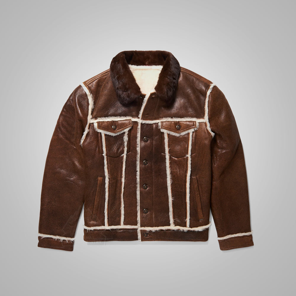 Men’s "Aero-Frontier" Flying Trucker | Distressed Brown Sheepskin | Shearling-Lined Aviator Hybrid | Full Grain Apparel