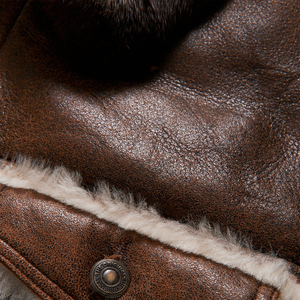 Men’s "Aero-Frontier" Flying Trucker | Distressed Brown Sheepskin | Shearling-Lined Aviator Hybrid | Full Grain Apparel