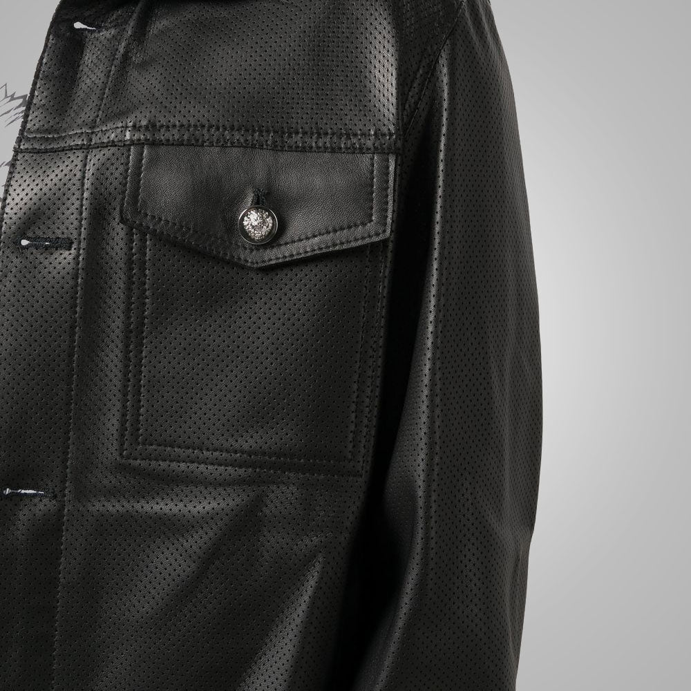 Men’s "Midnight Matrix" Leather Shirt | Premium Black Dotted Pattern | Genuine Sheepskin Full Sleeve Fashion Top | Full Grain Apparel