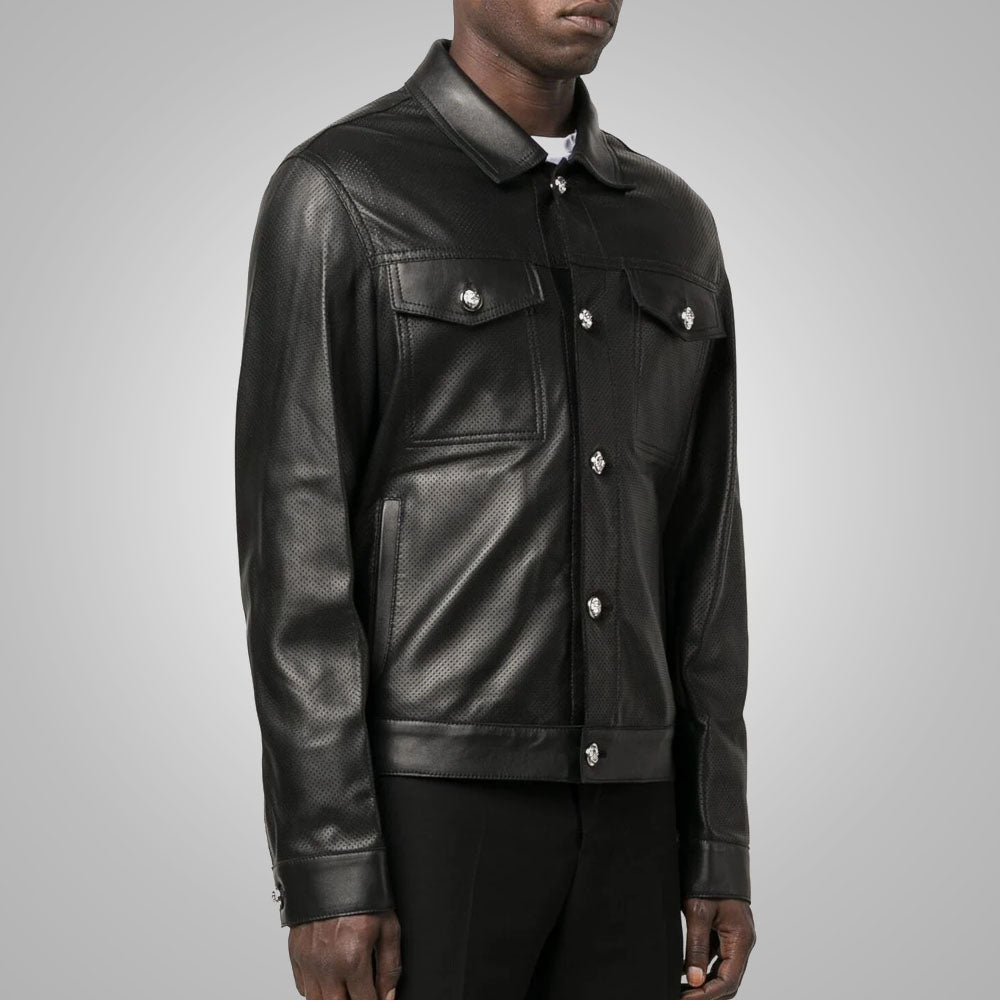 Men’s "Midnight Matrix" Leather Shirt | Premium Black Dotted Pattern | Genuine Sheepskin Full Sleeve Fashion Top | Full Grain Apparel