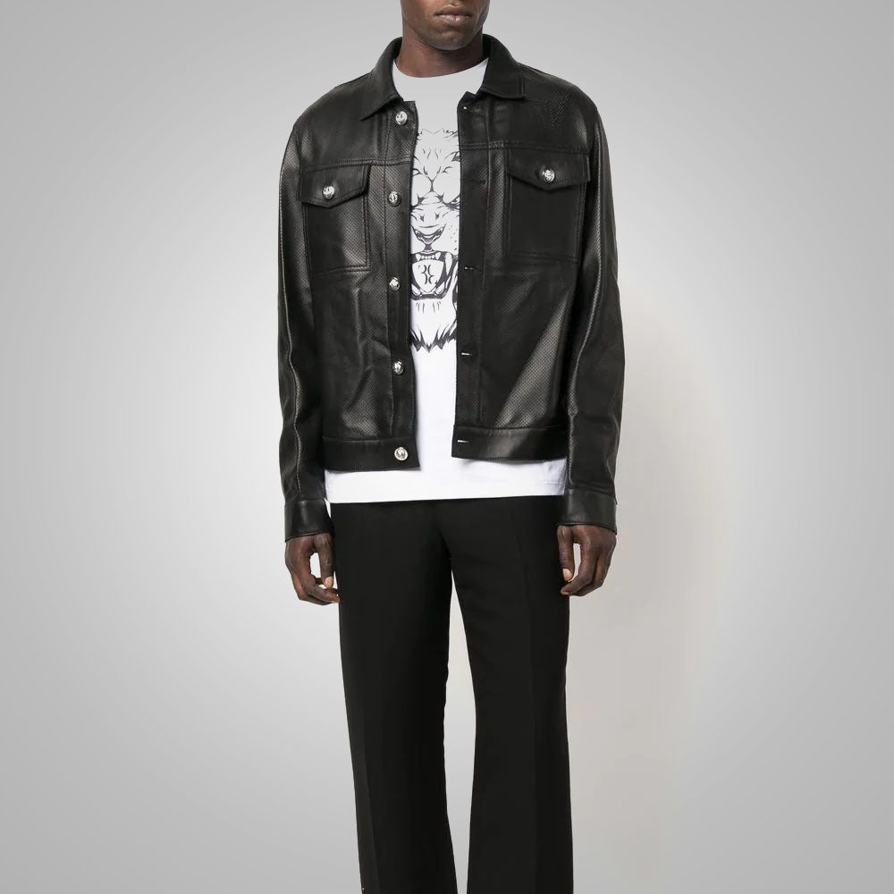 Men’s "Midnight Matrix" Leather Shirt | Premium Black Dotted Pattern | Genuine Sheepskin Full Sleeve Fashion Top | Full Grain Apparel