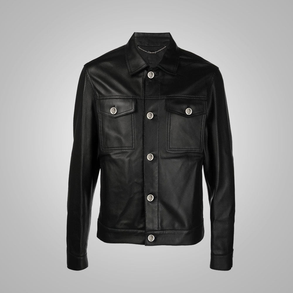 Men’s "Midnight Matrix" Leather Shirt | Premium Black Dotted Pattern | Genuine Sheepskin Full Sleeve Fashion Top | Full Grain Apparel