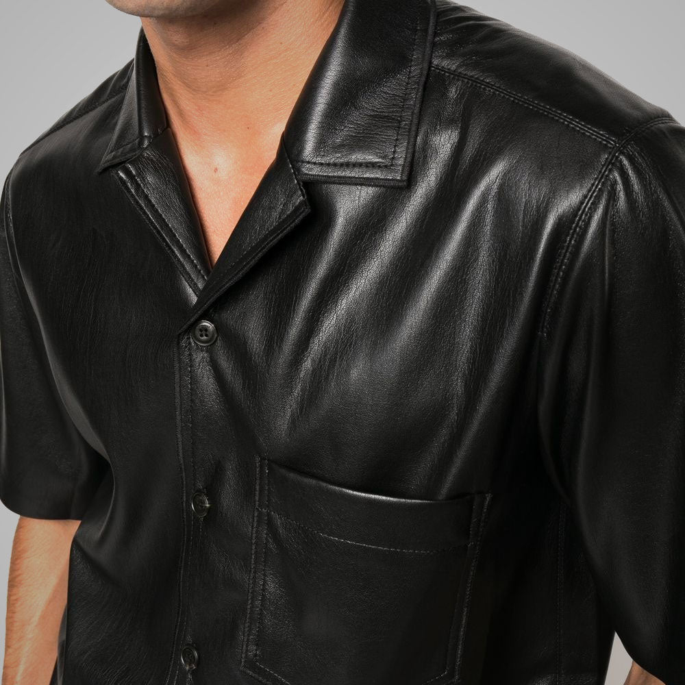 Men’s "Onyx Silk" Leather Shirt | Premium Fine-Grain Sheepskin | Genuine Half-Sleeve Luxury Fashion Top | Full Grain Apparel