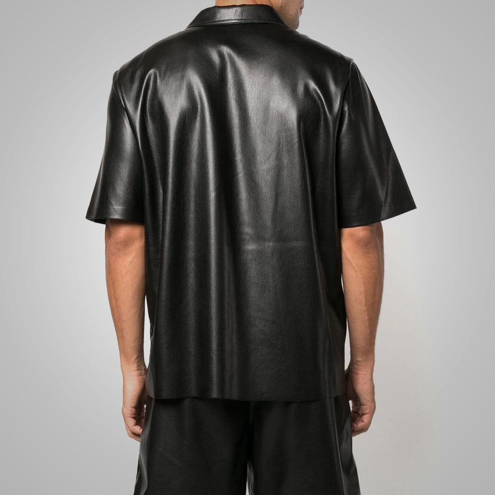 Camisa de cuero "Onyx Silk" para hombre | Piel de oveja de grano fino de primera calidad | Top de moda de lujo genuino de media manga | Prenda de grano completo